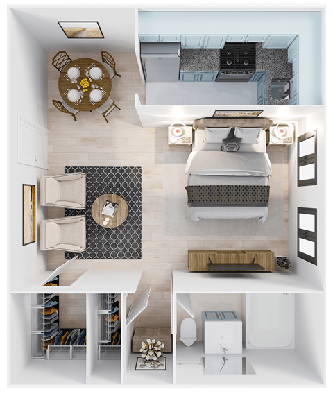 a floor plan of a studio apartment with a bedroom and a bathroom